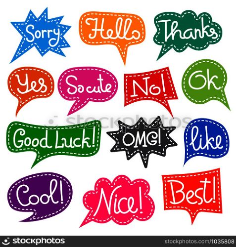 set of bubbles speech with short message, text colorful chat stickers. colorful chat bubbles