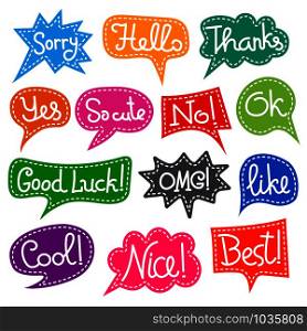set of bubbles speech with short message, text colorful chat stickers. colorful chat bubbles