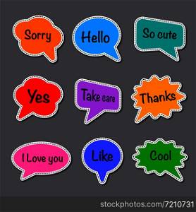 set of bubbles speech with short message, text space with dash line vector, colorful chat stickers. chat stickers