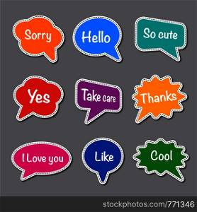 set of bubbles speech with short message, text space with dash line vector, colorful chat stickers. colorful chat stickers