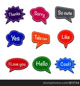 set of bubbles speech with short message, text space with dash line vector, colorful chat stickers. colorful chat stickers