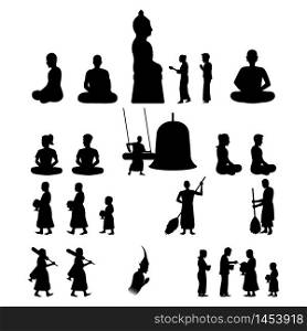 set of Buddha monk and Buddhism activities with black silhouette,vector illustration