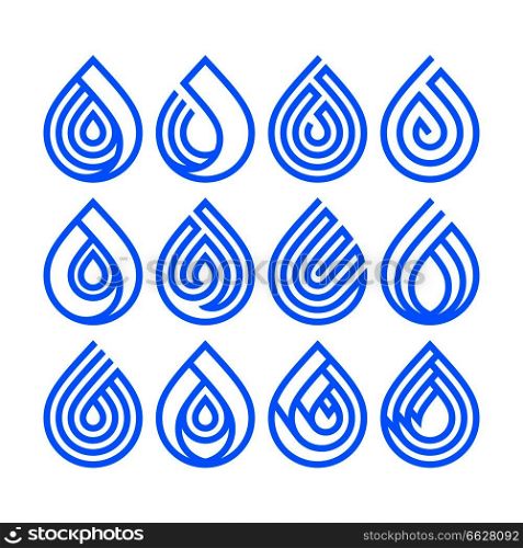 Set of bue different water drop icons. Design element for your logo. Set of bue different water drop icons