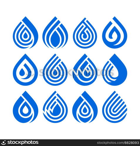 Set of bue different water drop vector icons. Design element for your logo. Set of bue different water drop vector icons