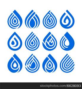 Set of bue different water drop vector icons. Design element for your logo. Set of bue different water drop vector icons