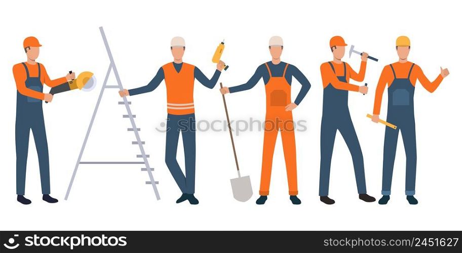 Set of builders and handymen standing, holding tools and working. Group of men wearing uniform. Vector illustration for building work presentation slide, construction business design