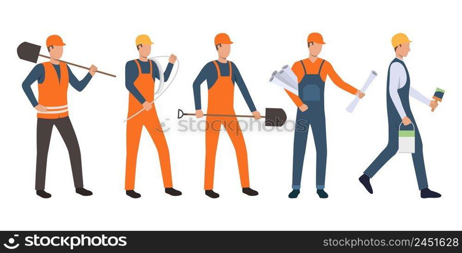 Set of builders, architect, electrician, painter and handymen working. Group of men wearing uniform and holding tools. Vector illustration for building work presentation slide, construction business