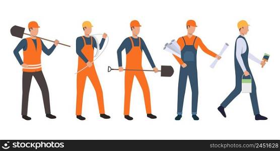 Set of builders, architect, electrician, painter and handymen working. Group of men wearing uniform and holding tools. Vector illustration for building work presentation slide, construction business