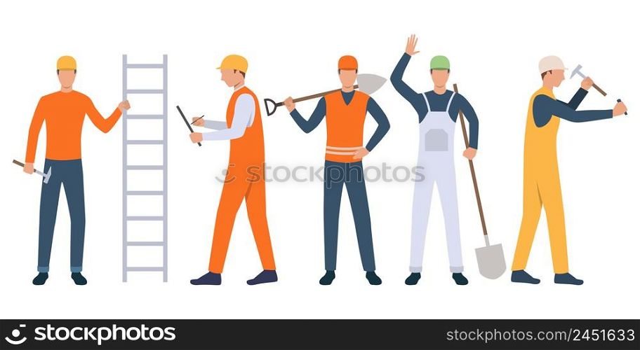 Set of builders, foreman and handymen holding tools and working. Group of men wearing uniform. Vector illustration for building work presentation slide, construction business design
