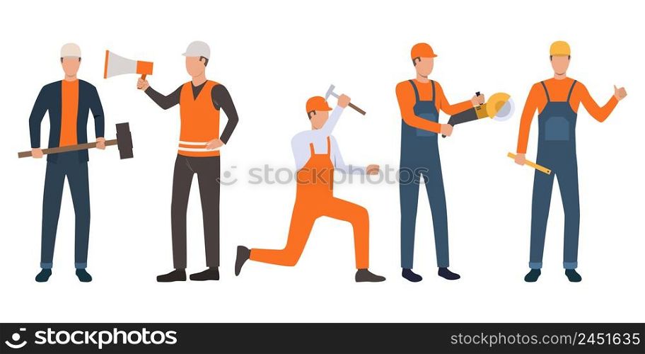 Set of builders, foreman and handymen working. Group of men wearing uniform and holding tools. Vector illustration for building work presentation slide, construction business design