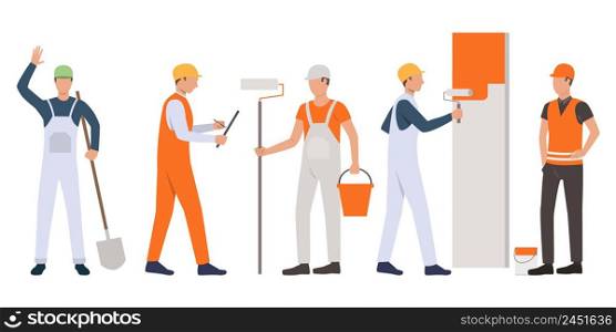 Set of builders, foreman, painters and handymen working. Group of men wearing uniform and holding tools. Vector illustration for building work presentation slide, construction business design