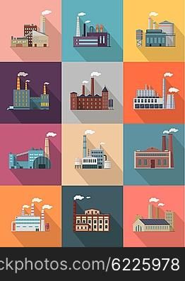 Set of building plant or industrial factory. Building big set of plant and factory of industry power or refinery, industrial energy power construction plant with pipe smoke. Vector illustration