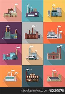 Set of building plant or industrial factory. Building big set of plant and factory of industry power or refinery, industrial energy power construction plant with pipe smoke. Vector illustration