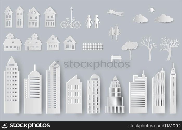 Set of buildings,houses,trees isolated objects for design in paper cut style,vector illustration