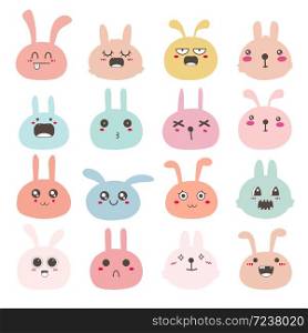 Set of bunny face emoticons, Cute rabbit character design. Vector illustration.