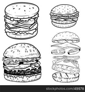 Set of burger illustrations. Design elements for poster,menu, label, badge, sign. Vector illustration