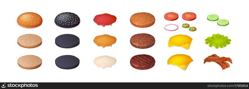 Set of burger ingredients, hamburger constructor buns with sesame, lettuce, bacon and cheese slice with cucumbers, tomato and pickles with onion rings. Ketchup, mustard and mayonnaise Vector 3d icons. Set of burger ingredients, hamburger constructor