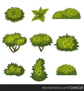 Set of bushes in catyoon style for decoration on your works, grass in cartoon style, green plants. Set of bushes in cartoon style for decoration on your works, grass in cartoon style, green plants, vector