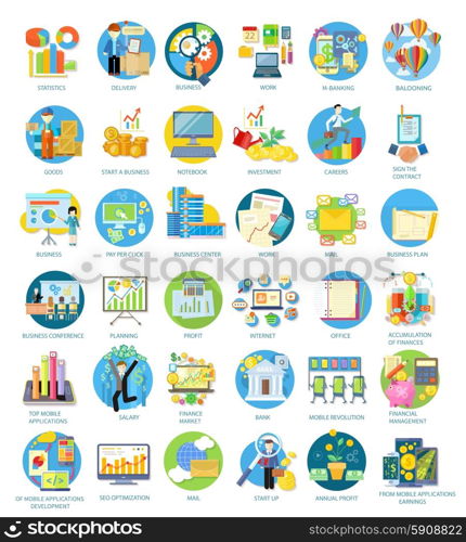 Set of busines round icons in different items such as business plan, statistics, business conference, balooning, top mobile applications, earnings from mobile applications in flat on white background