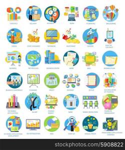 Set of busines round icons in different items such as business plan, statistics, business conference, balooning, top mobile applications, earnings from mobile applications in flat on white background