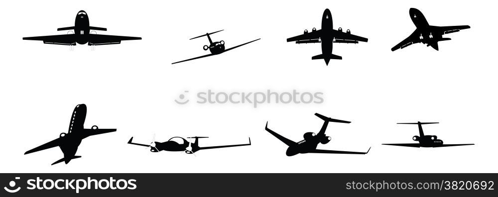 set of business aircraft silhouette illustrations on white