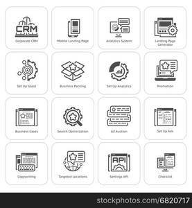 Set of Business and Marketing Icons as CRM, Set Up Analytics, Mobile Landing Page, Set Up Goals. Business Packing, Promotion, Set Up Ads, Checklist, Targeted Locations, Optimization, Copywriting