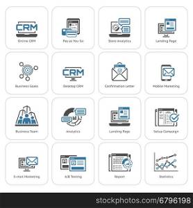 Set of Business and Marketing Icons as CRM, Store Analytics, Landing Page, Business Goals. Confirmation Letter, Marketing, Business Team, Analytics, Setup Campain, AB Testing, Report Statistics