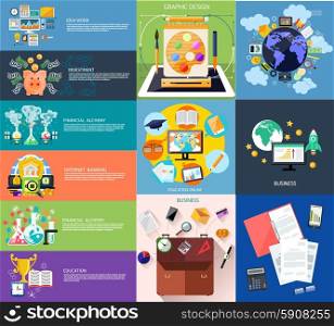 Set of business banners concept of generating money in laboratory with alchemy experiments and global investment with piggy in flat design. Globe surrounded finance, banking and office icons. Graphic design