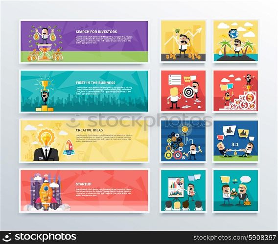 Set of business banners of search for investors, first in business, creative ideas and start up in flat design. Happy businessman