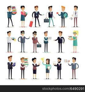 Set of Business Characters Vector in Flat Design.. Set of business people characters vector in flat style. Collection of office work situations. Illustrations for business concepts, web, icons, infographics, logo design. Isolated on white background.