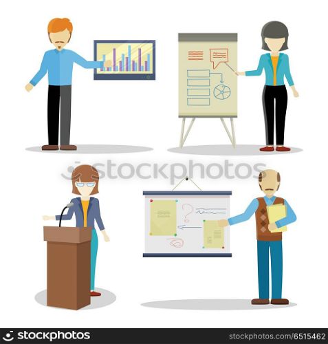 Set of Business Coaches Characters in Flat Design.. Collection of lectures character vectors. Flat design. Woman and man personages holding business seminar. Certification training in office. Illustration for educational companies, career courses ad.