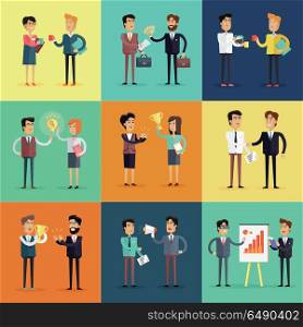 Set of Business Concepts Vector in Flat Design.. Set of business concepts vector in flat style. Collection of office situations and people work interactions. Illustrations for concepts, web, icons, infographics, logo design. Isolated on white.