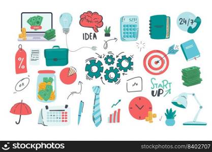 Set of business doodle elements made in vector. Idea, businessman, creative thinking, progress, graphs and all other kinds of business related elements.. Set of business doodle elements made in vector. Idea, businessman, creative thinking, progress, graphs and all other kinds of business related elements