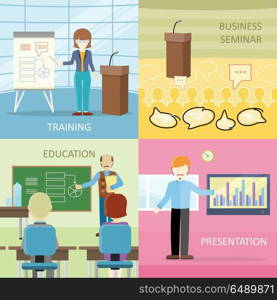 Set of Business Education Concepts in Flat Design.. Set of business education concepts in flat design. Lecturers at work. Training, business seminar, education, presentation vector illustrations for educational companies, career courses ad.