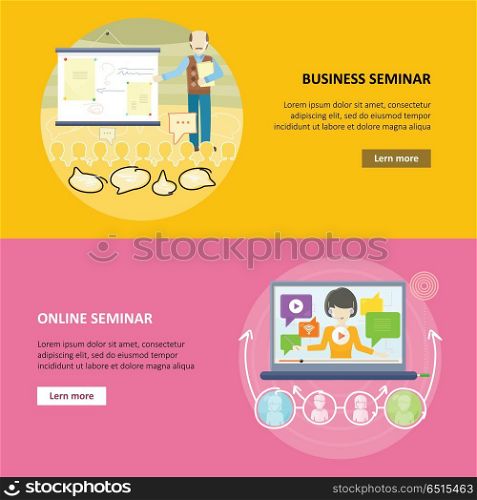 Set of Business Education Vector Web Banners.. Set of business education vector web banners in flat design. Career progression. Business and online seminar horizontal concepts for educational companies, career courses web pages design.