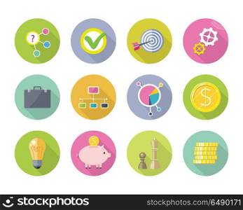 Set of business flat style vector icons. Briefcase, network, target, coin, bulb, piggybank, chess, diagram, gear, tick pictures for app buttons, infogpaphics logo web design On white background. Set of Business Vector Icons in Flat Style Design. Set of Business Vector Icons in Flat Style Design