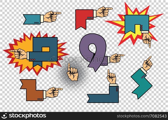 Set of business hand signs arrows isolated background. Comic book vintage pop art retro style illustration vector. Set of business hand signs arrows isolated background