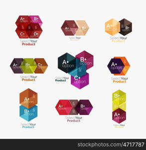 Set of business hexagon layouts with text and options. Design elements of web design navigation layout, infographics or corporate presentation