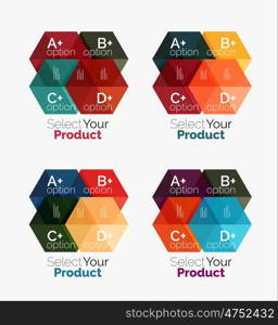 Set of business hexagon layouts with text and options. Design elements of web design navigation layout, infographics or corporate presentation