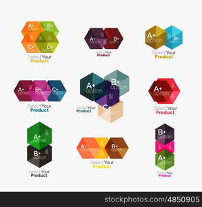 Set of business hexagon layouts with text and options. Design elements of web design navigation layout, infographics or corporate presentation