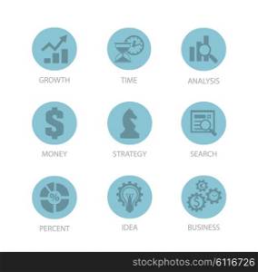Set of business icon design flat round. Business icon set, icon set, web icons, growth and time icon analysis and money icon, strategy and search icon, percent and idea icon, business illustration