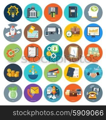 Set of business icons concepts product presentation search investors, idea and other in flat design on banners. Can be used for web banners, marketing and promotional materials, presentation templates