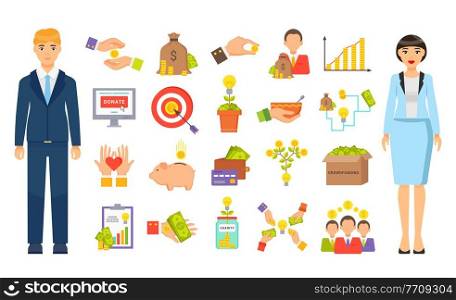 Set of business icons, crowdfunding concept. Investment strategy and making money concept. Analytical icons, finance symbols, signs. Growing idea, sponsors making donations, investing in ideas. Set of business icons, making money, crowdfunding web platform, donations from investors for ideas