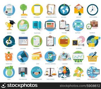 Set of business icons for investing, office, support in flat design isolated on white background