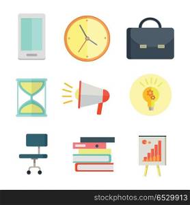 Set of business icons in flat style. Phone, clock, briefcase, sand watch, chair, documents, chart, loudspeaker, pictures for concepts, web, app icons infographics design Isolated on white . Set of Business Icons in Flat Style Design.. Set of Business Icons in Flat Style Design.