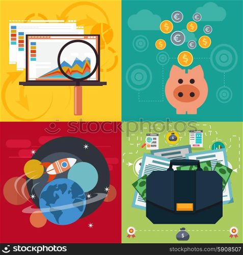 Set of business icons seo analysis piggy bank space with rocket case with dollars and documents flat design style. Seo analysis piggy bank space with rocket