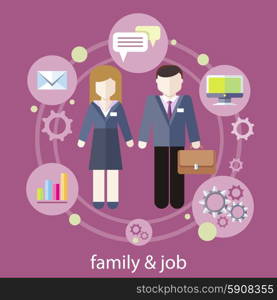 Set of business job icons in flat design around famile. Job family concept. Balance between work and family life. Balance between work and family life
