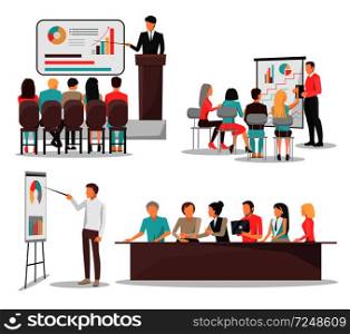 Set of business meeting trainings, leader with pointer showing graphics and schemes and workers listen to him vector illustration isolated on white. Set of Business Meeting Icons Vector Illustration