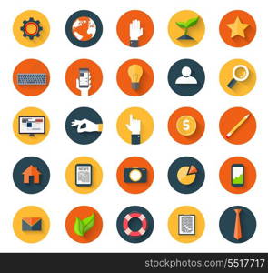 Set of business modern icons in flat style with long shadows on circles. Trendy design