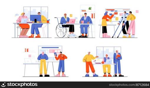 Set of business people discuss project in office. Employees meeting, disputing, communicate. Healthy and disabled colleagues team work together on plan development, Linear flat vector illustration. Set of business people discuss project in office